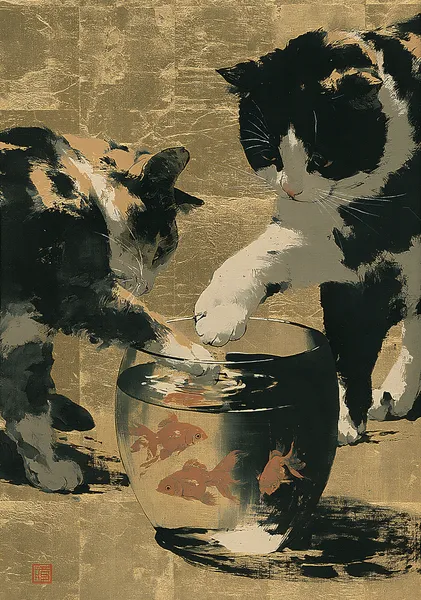 FUKU -福‐ Playful Duo  Two Calico Cats & Goldfish Bowl Canvas, Oriental Wall Art - Ck