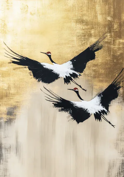 FUKU -福‐ Distant Flight  Two Cranes Wide Abstract Canvas, Golden Zen Wall Print - Ck