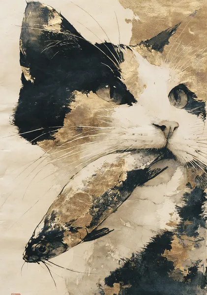 FUKU ‐福 - Calico's Catch  Japanese Abstract Cat Wall Art,Canvas Print - Ck
