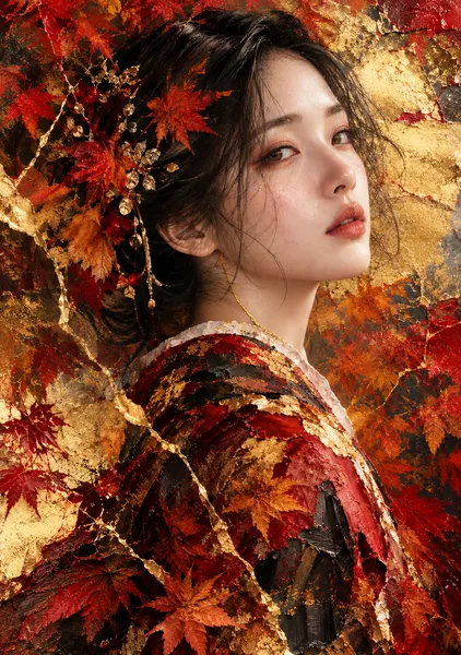 Nostalgia — A Beauty Adorned with Gold Leaf and Autumn Leaves - KINTSUGI LUMI