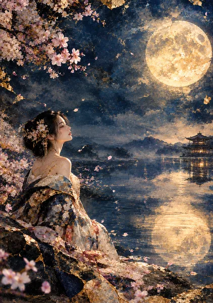 Japanese Kintsugi Female Portrait — Moonlight & Sakura Dream - KINTSUGI LUMI