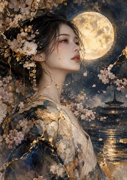 Japanese Kintsugi Female Portrait — Moonlight Silence - KINTSUGI LUMI