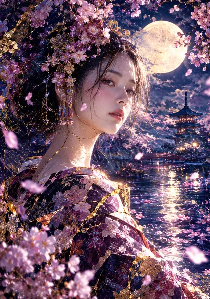 Japanese Kintsugi Female Portrait — Moonlit Sakura Princess - KINTSUGI LUMI