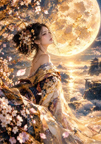 Japanese Kintsugi Female Portrait — Golden Moon & Flowers - KINTSUGI LUMI