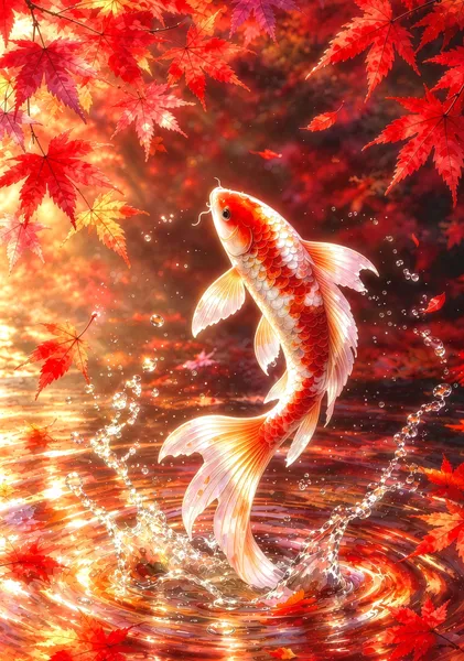 Long-finned Nishikigoi amidst autumn foliage - Yokaze