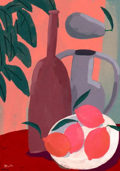 still life with falling pear and hot pink lemon-like fruits - marco marella