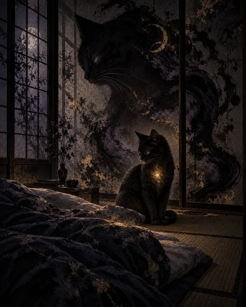 眠れない夜の小さな守り猫｜Japanese Yokai Cat Art - 宵灯
