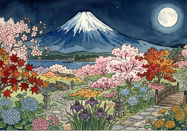 富士山と季節の花々 - OVER CREATE