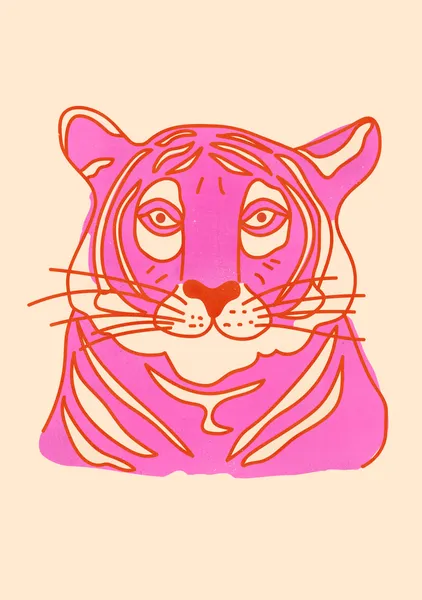 Pink Tiger – Retro Linocut Animal Art Print - ShowMeMars