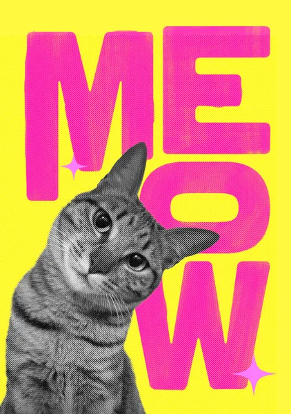 Meow – Retro Pink & Yellow Tabby Cat Collage Print - ShowMeMars
