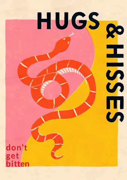 Hugs & Hisses – Retro Snake Pink & Yellow Typography Print - ShowMeMars