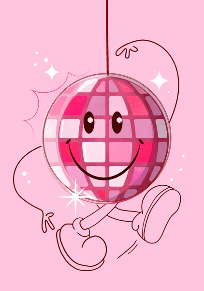 Dancing Disco Ball – Pink Retro Cartoon Character Art Print - ShowMeMars
