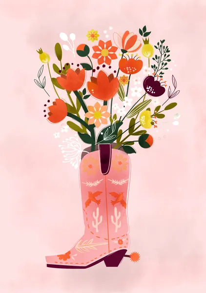 Pink Cowboy Boot & Wildflowers – Soft Western Art Print - ShowMeMars