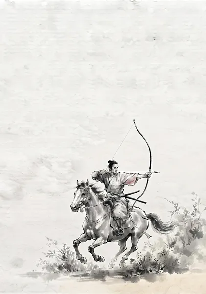 Mounted Samurai Archer: Dynamic Japanese Sumi-e Art Print - 稲山いこい