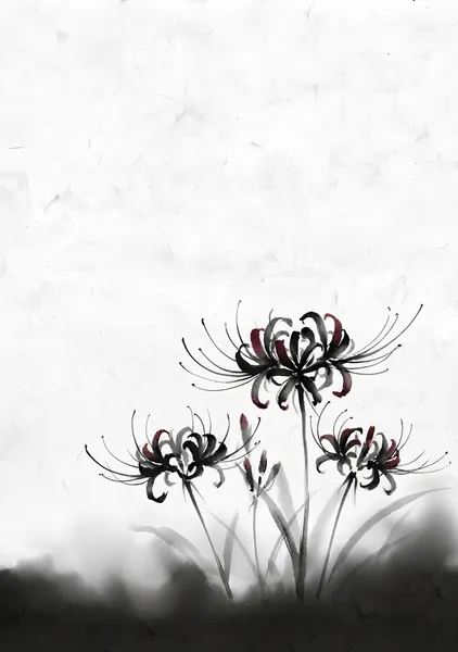 Crimson Red Spider Lily: Japanese Sumi-e Art Print - 稲山いこい