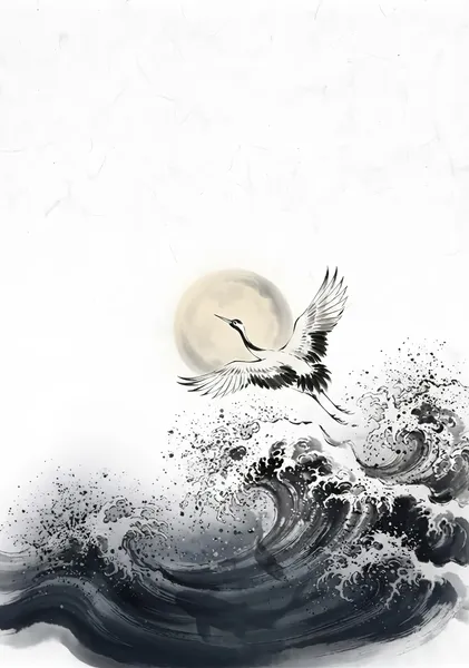 Crane Over Waves: Dynamic Japanese Sumi-e Art Print - 稲山いこい