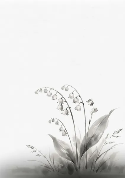 Graceful Lily of the Valley: Minimalist Japanese Sumi-e Art Print - 稲山いこい