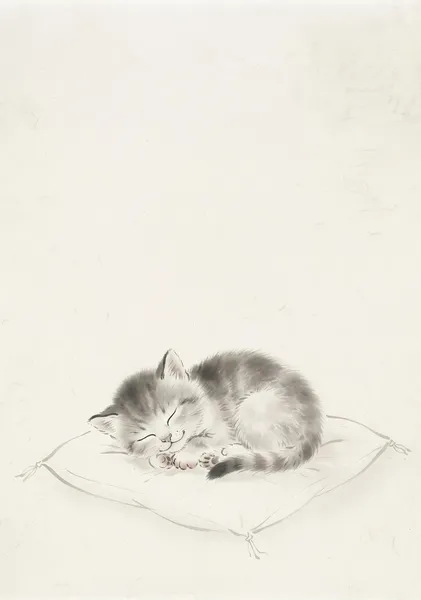 Sleeping Kitten on Cushion: Peaceful Japanese Sumi-e Art Print - 稲山いこい