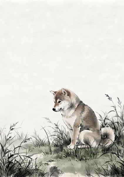Loyal Shiba Inu in the Grass: Japanese Sumi-e Art Print - 稲山いこい