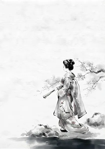 Cherry Blossom Stroll: Traditional Japanese Geisha Art Print - 稲山いこい