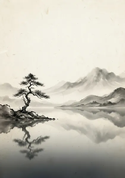 Lone Pine at Reflection Lake: Zen Japanese Sumi-e Art Print - 稲山いこい