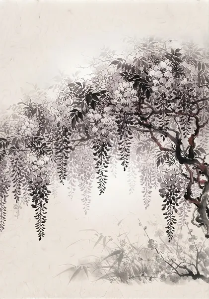 Blooming Wisteria Cascades: Japanese Sumi-e Art Print - 稲山いこい