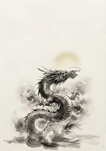Ascending Dragon in Clouds: Epic Japanese Sumi-e Art Print - 稲山いこい