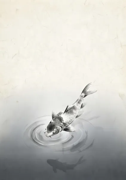 Ripples and Koi: Minimalist Japanese Sumi-e Art Print - 稲山いこい