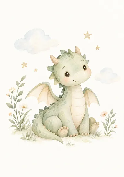 Baby Dragon Nursery – Sage Green Dragon & Wildflowers｜セージグリーンの小さなドラゴンと野の花 - TAKAHASHI