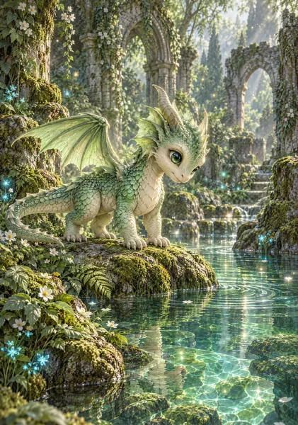 Baby Dragon Nursery Wall Art – Emerald Spring（エメラルドの泉） - TAKAHASHI