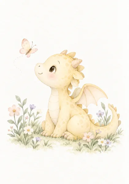 Baby Dragon Nursery – Butter Yellow Dragon & Butterfly｜クリーム色の小さなドラゴンと蝶々 - TAKAHASHI