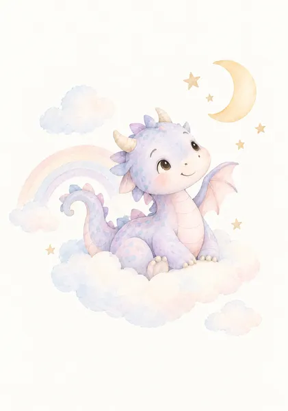 Baby Dragon Nursery – Lavender Dragon & Pastel Rainbow｜ラベンダー色の小さなドラゴンと虹 - TAKAHASHI