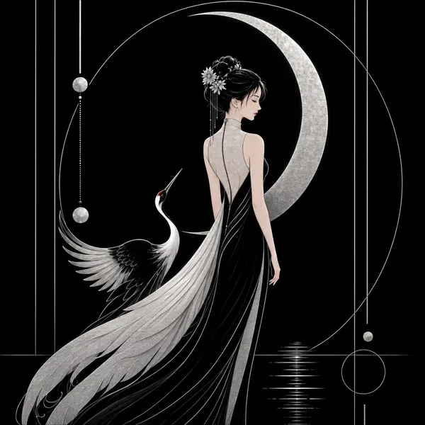 Moon and Crane Maiden - Art Print - AtelierKei