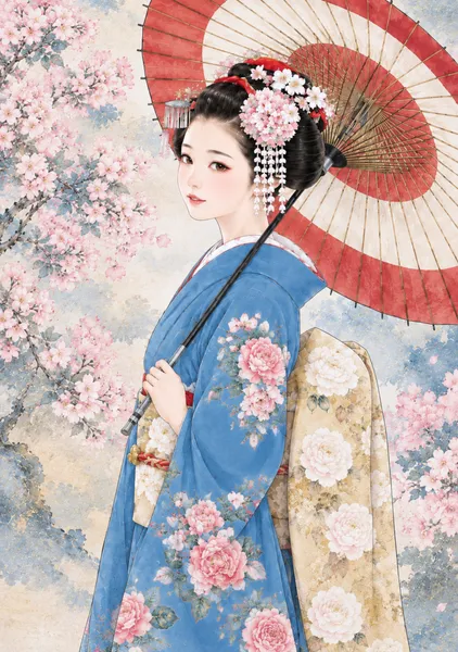 桜舞う傘の下（青）　Beneath the Cherry Blossom Parasol (Blue) - 日本の風