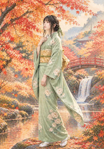 紅葉に彩られた畔で　By the Bank Adorned with Maple Leaves - 日本の風
