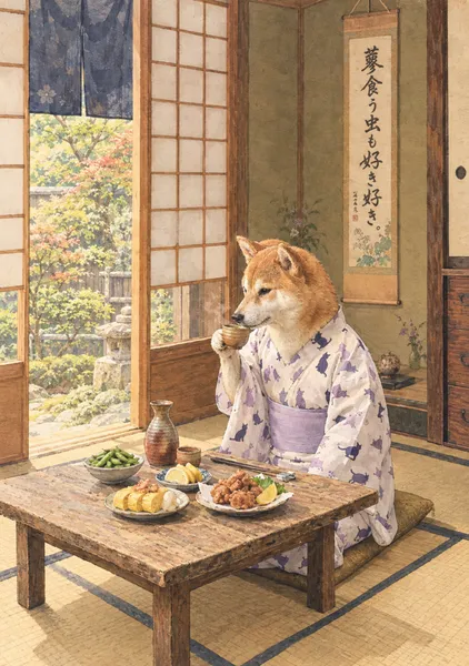 熱燗を楽しむ柴犬　A Shiba Inu Enjoying Hot Sake - 日本の風