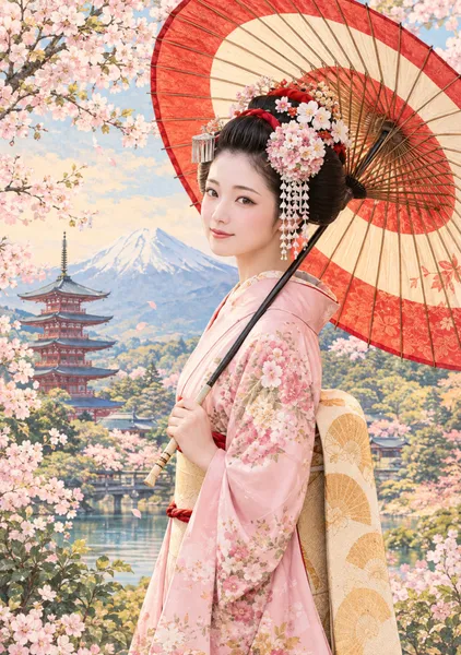 朱傘と春かすみ　Red Parasol and Spring Mist - 日本の風