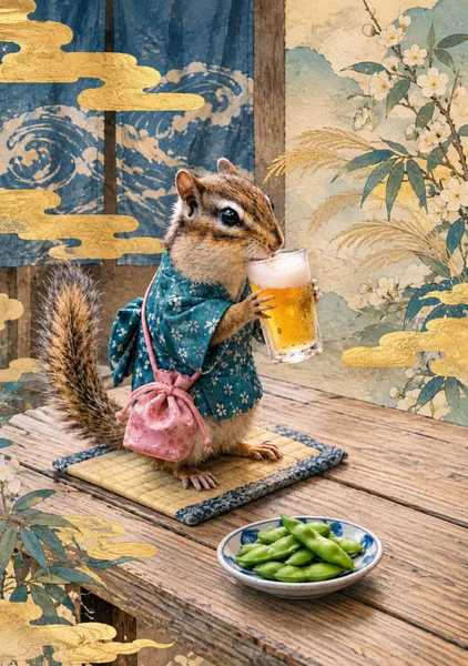シマリスの晩酌時間　A Chipmunk's Evening Drink Time - 日本の風