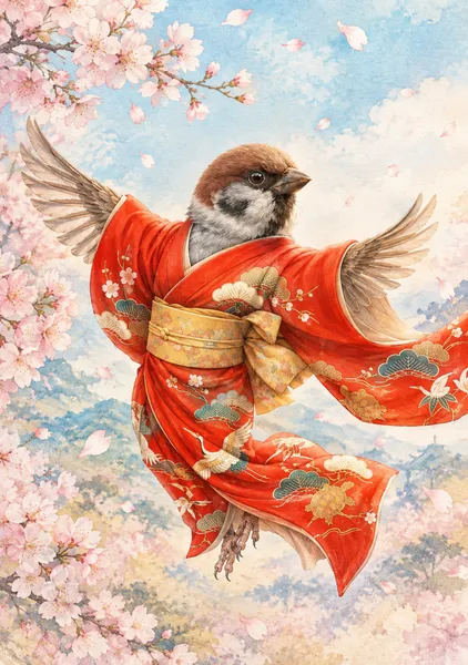 晴れ着で空を駆ける雀　A Sparrow Soaring Through the Sky in Holiday Attire - 日本の風