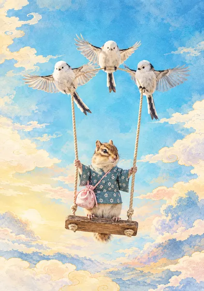 シマエナガと着物のシマリス　Long-Tailed Tits and the Kimono-Clad Chipmunk - 日本の風