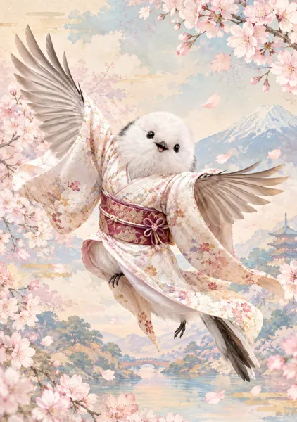 富士と桜を抱く小さな羽ばたき　Spring Flight: Small Wings Embracing Mt. Fuji and Cherry Blossoms - 日本の風