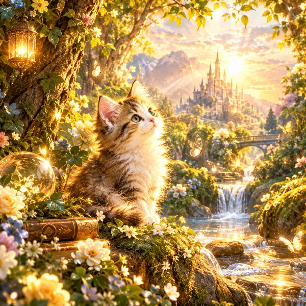 『魔法の森と光る子猫』 ーBathed in Golden Lightー - 陽古