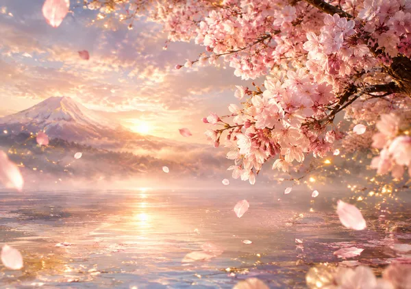 『桜舞う幻想の湖畔と朝焼け』 ーSymphony of Sakura and Morning Lightー - 陽古