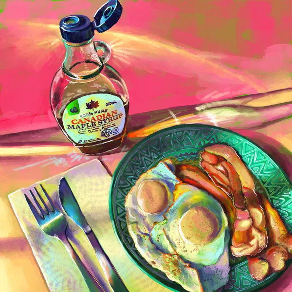 Breakfast - eggs, bacon and maple syrup - Victoria Georgieva