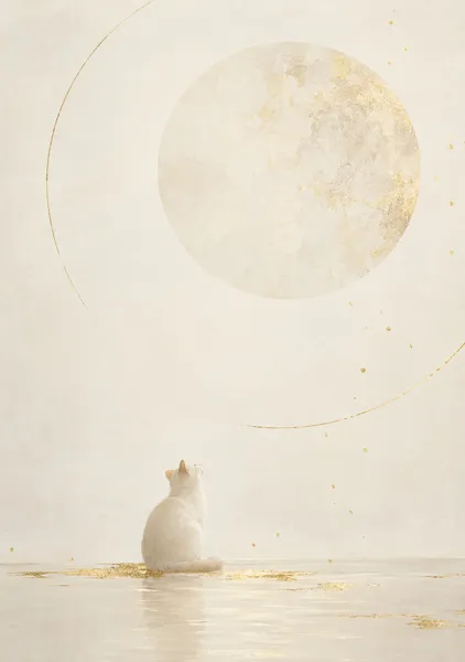 満月とねこ-The White Cat Beneath the Moon - AONAMI