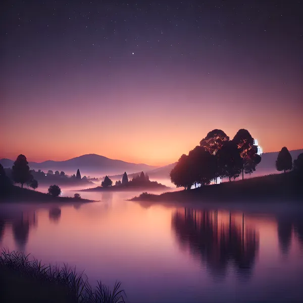 Misty Twilight Landscape with Calm Lake and Starry Sky - MIPORIUM