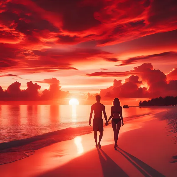 Romantic Couple Walking on Beach at Dramatic Red Sunset - MIPORIUM