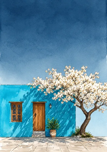 青い余白に咲く白い木/ White Blossoms in Blue Silence - misha