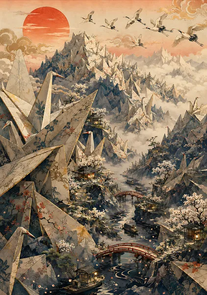 Cranes over the Paper Mountains｜紙の山々を舞う鶴 - Cozy Mochi Studio