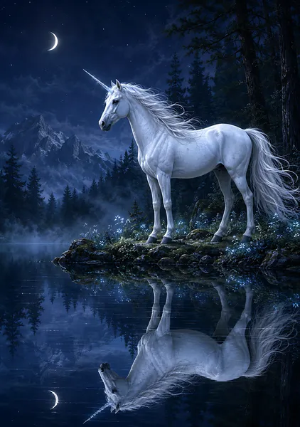 White Unicorn by the Moonlit Lake｜月夜の白きユニコーン - Cozy Mochi Studio
